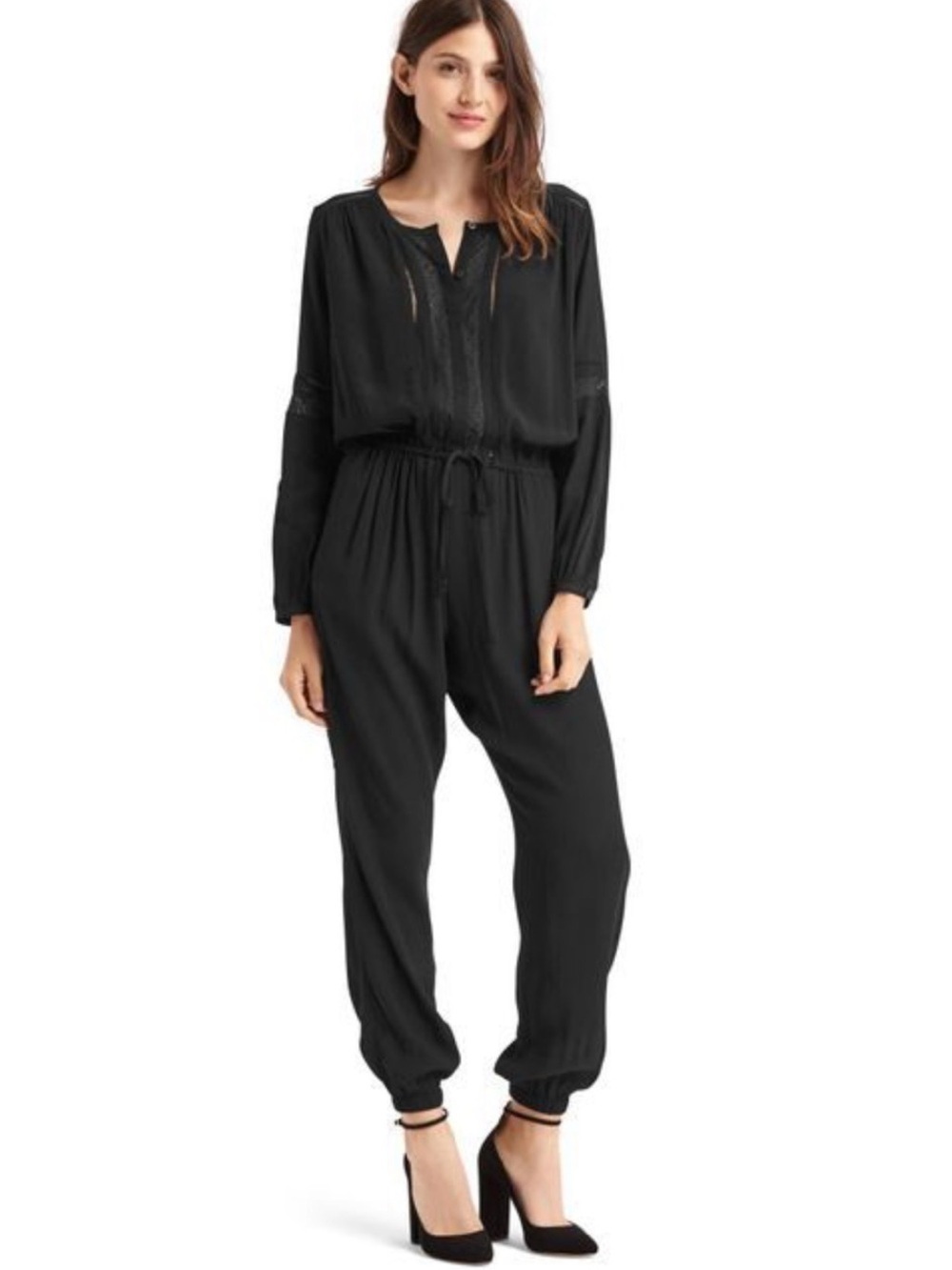 GAP Black Long-Sleeve Drawstring Jumpsuit